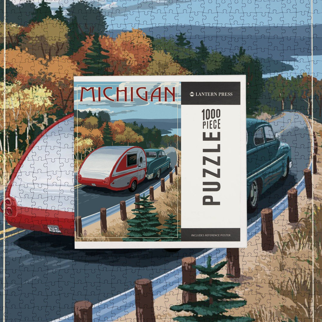 Michigan, Retro Camper on Road, Jigsaw Puzzle - Lantern Press