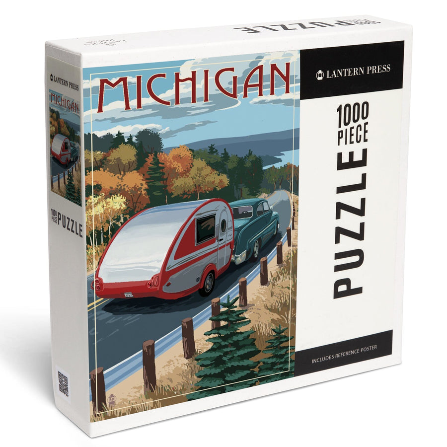 Michigan, Retro Camper on Road, Jigsaw Puzzle Puzzle Lantern Press 