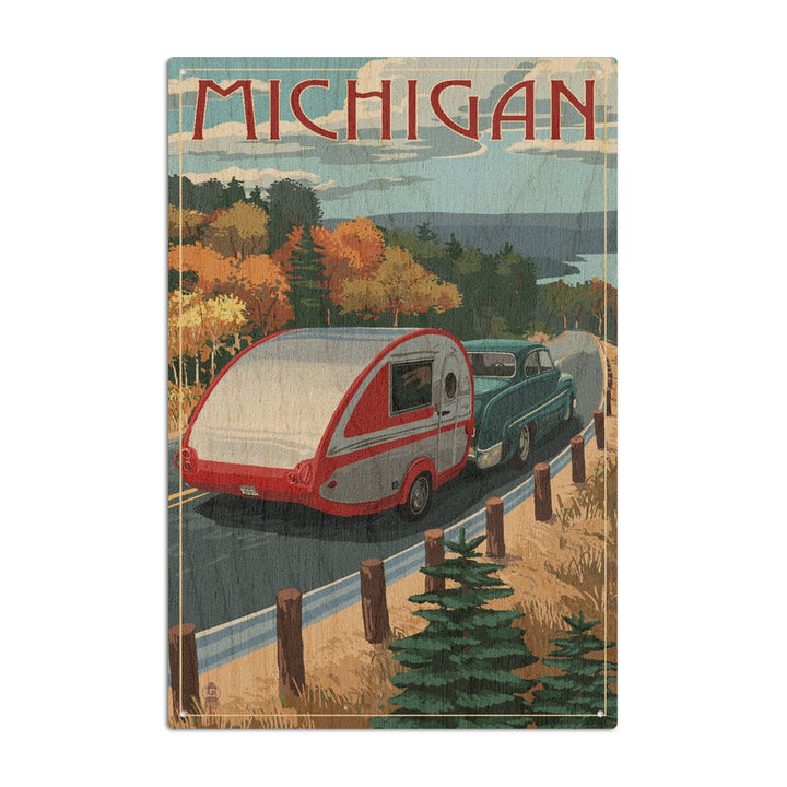 Michigan, Retro Camper on Road, Lantern Press Artwork, Wood Signs and Postcards Wood Lantern Press 10 x 15 Wood Sign 