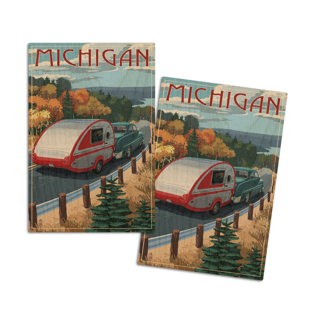 Michigan, Retro Camper on Road, Lantern Press Artwork, Wood Signs and Postcards Wood Lantern Press 4x6 Wood Postcard Set 