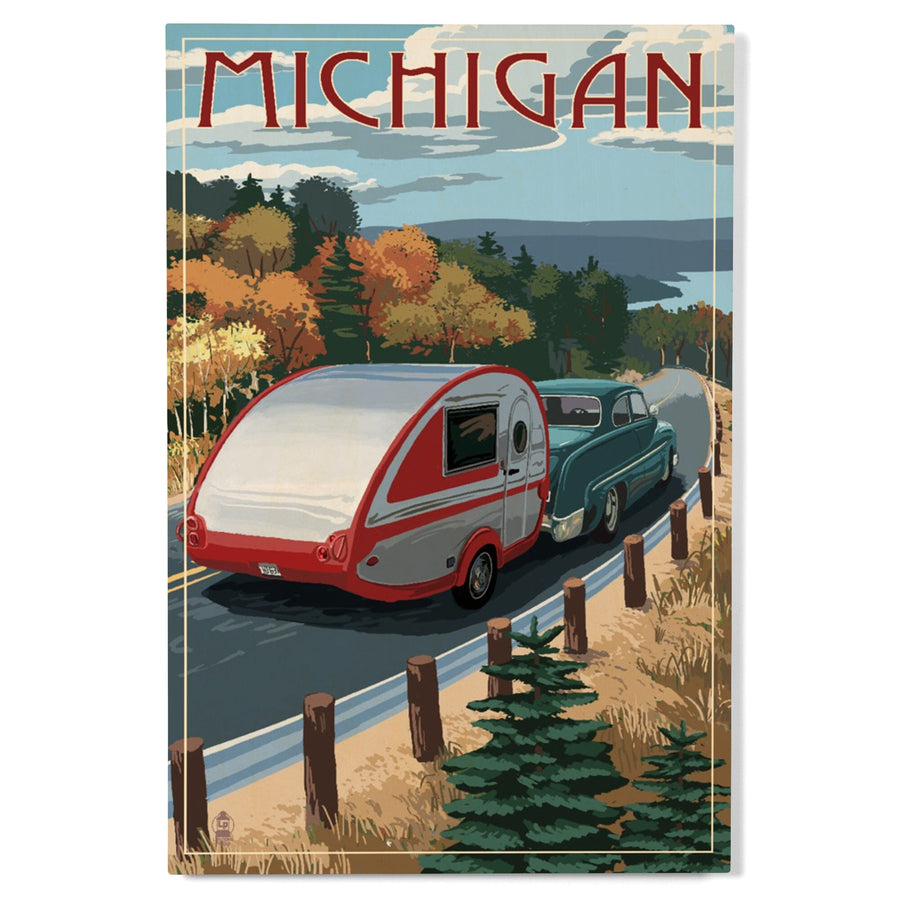 Michigan, Retro Camper on Road, Lantern Press Artwork, Wood Signs and Postcards Wood Lantern Press 