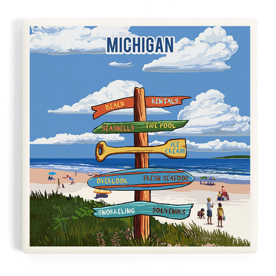 Michigan, Signpost, Coast Beach with Umbrellas, Coasters Coasters Lantern Press 