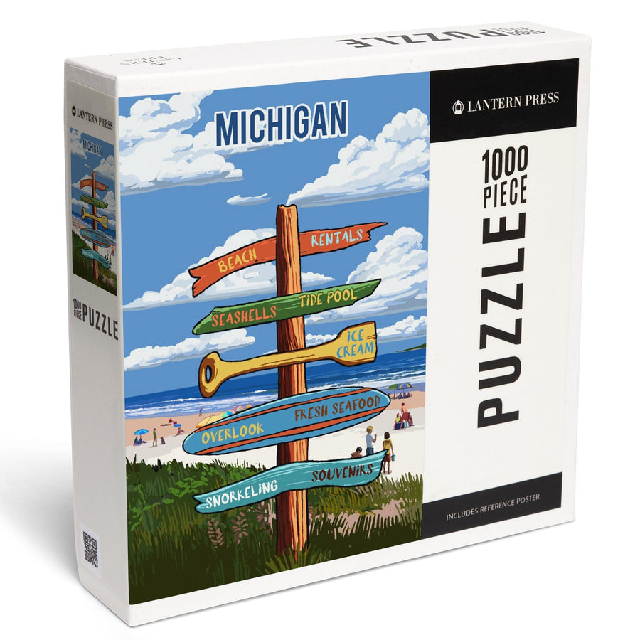Michigan, Signpost, Coast Beach with Umbrellas, Jigsaw Puzzle Puzzle Lantern Press 