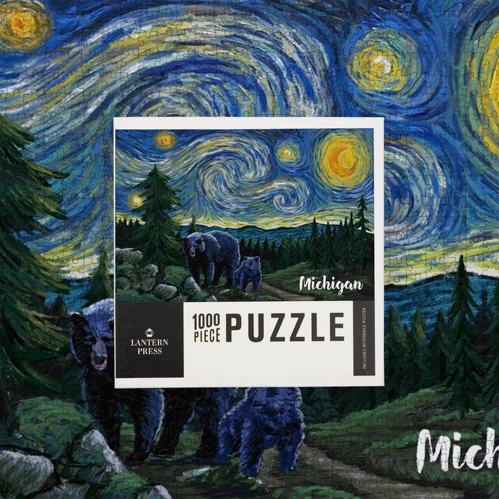 Michigan, Starry Night, Bear and Cub, Jigsaw Puzzle Puzzle Lantern Press 