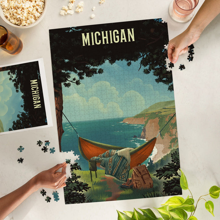 Michigan, Today's Office, Coastal Series, Hammock on Beach, Jigsaw Puzzle Puzzle Lantern Press 