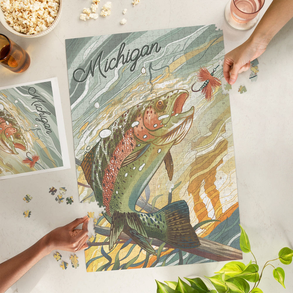 Michigan, Underwater Trout with Dry Fly, Jigsaw Puzzle Puzzle Lantern Press 