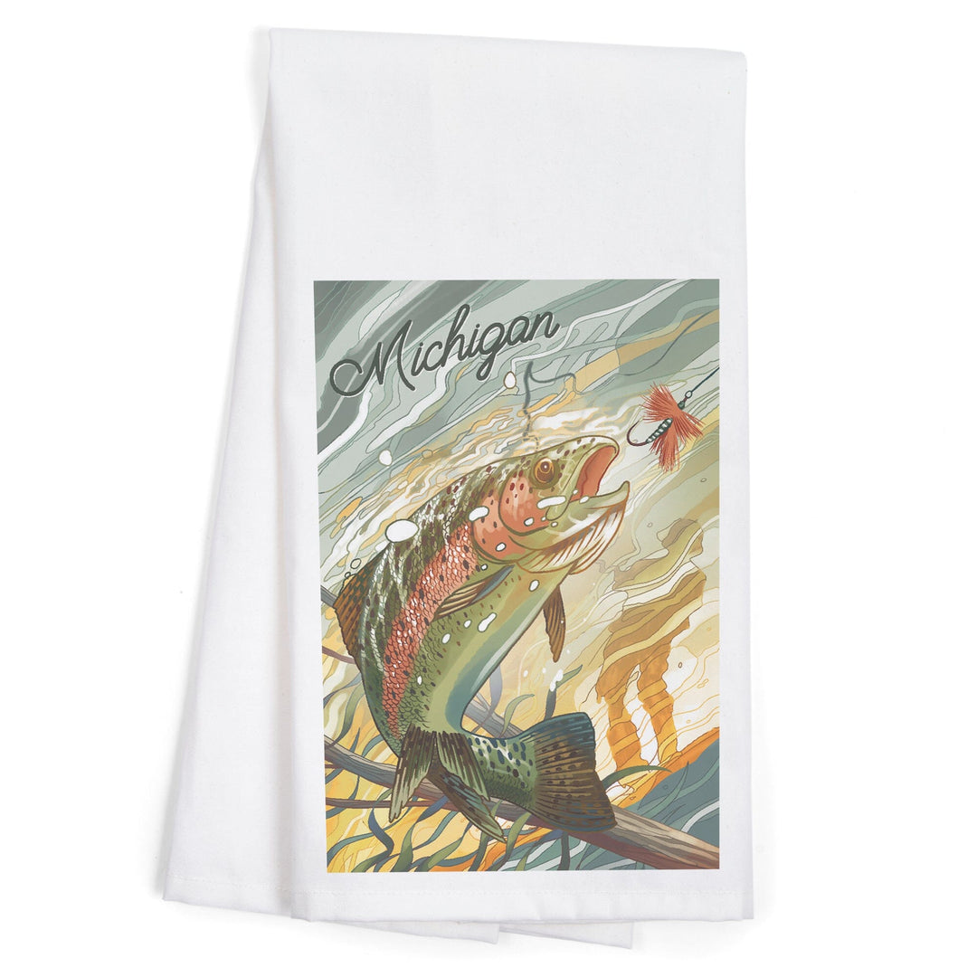 Michigan, Underwater Trout with Dry Fly, Organic Cotton Kitchen Tea Towels Kitchen Lantern Press 