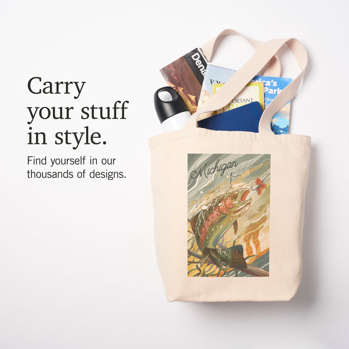 Michigan, Underwater Trout with Dry Fly, Tote Bag Totes Lantern Press 