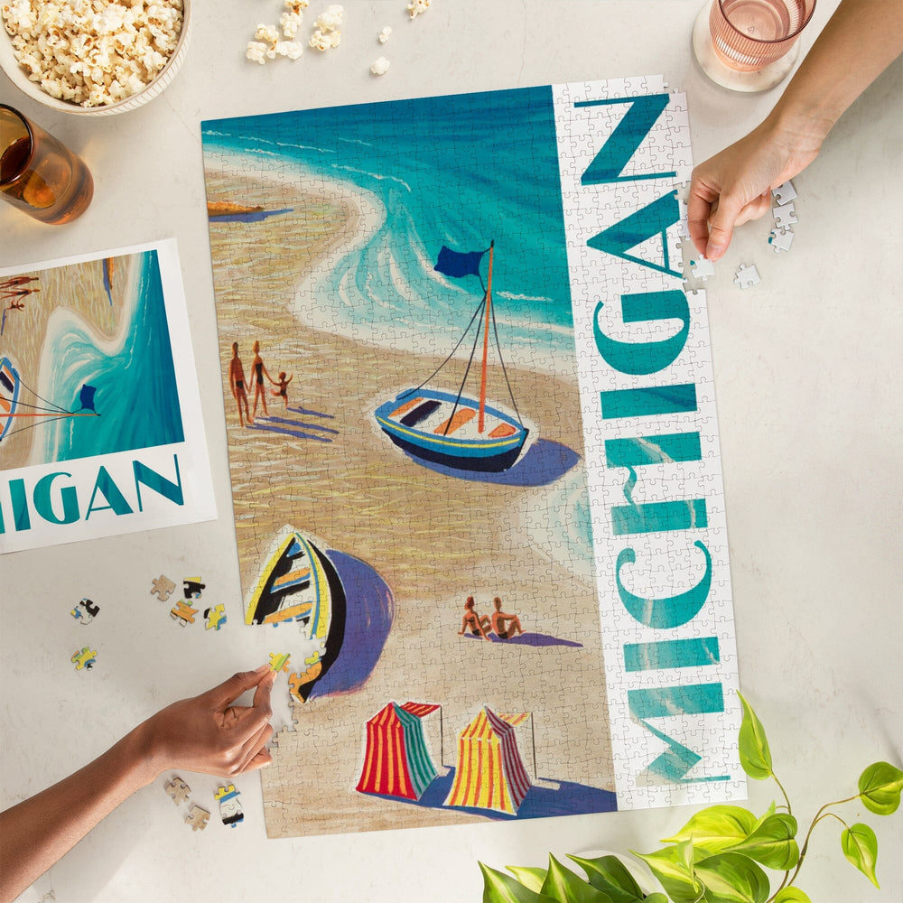 Michigan, Vintage Beach Scene, Jigsaw Puzzle Puzzle Lantern Press 
