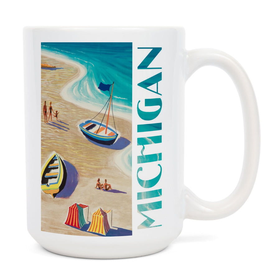 Michigan, Vintage Beach Scene, Lantern Press Artwork, Ceramic Mug Mugs Lantern Press 
