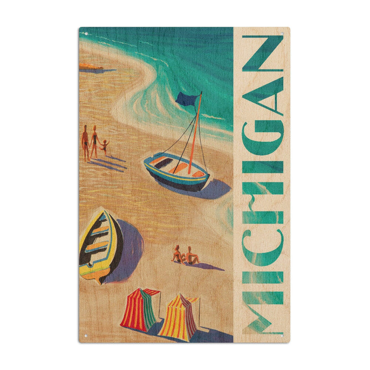 Michigan, Vintage Beach Scene, Lantern Press Artwork, Wood Signs and Postcards Wood Lantern Press 10 x 15 Wood Sign 