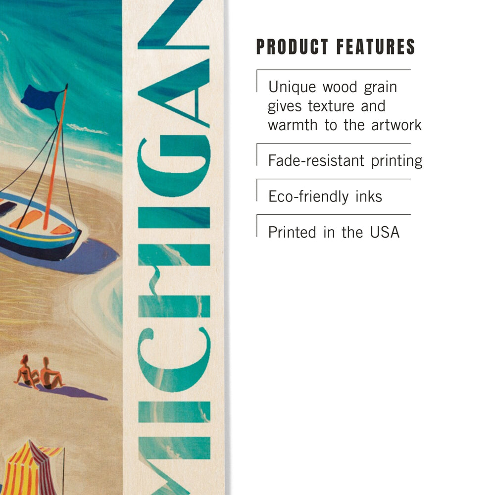 Michigan, Vintage Beach Scene, Lantern Press Artwork, Wood Signs and Postcards Wood Lantern Press 