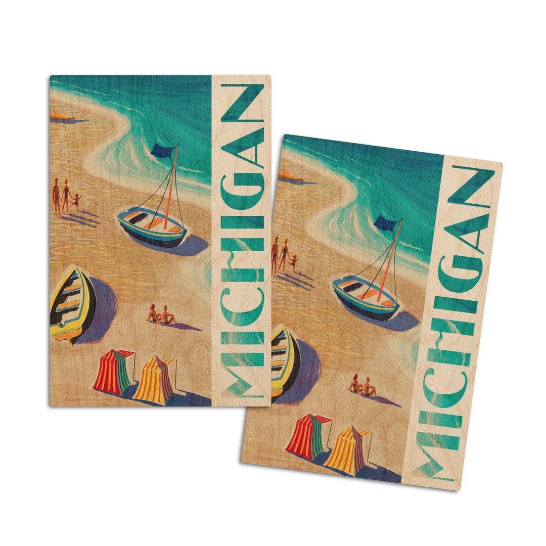 Michigan, Vintage Beach Scene, Lantern Press Artwork, Wood Signs and Postcards Wood Lantern Press 4x6 Wood Postcard Set 