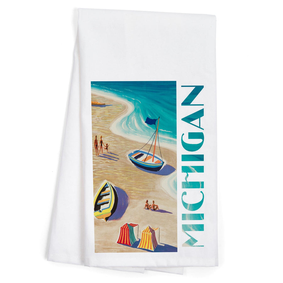 Michigan, Vintage Beach Scene, Organic Cotton Kitchen Tea Towels Kitchen Lantern Press 