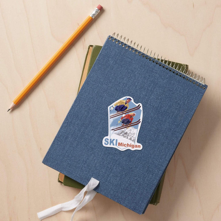 Michigan, Vintage Skiers, Contour, Artwork, Vinyl Sticker Sticker Lantern Press 