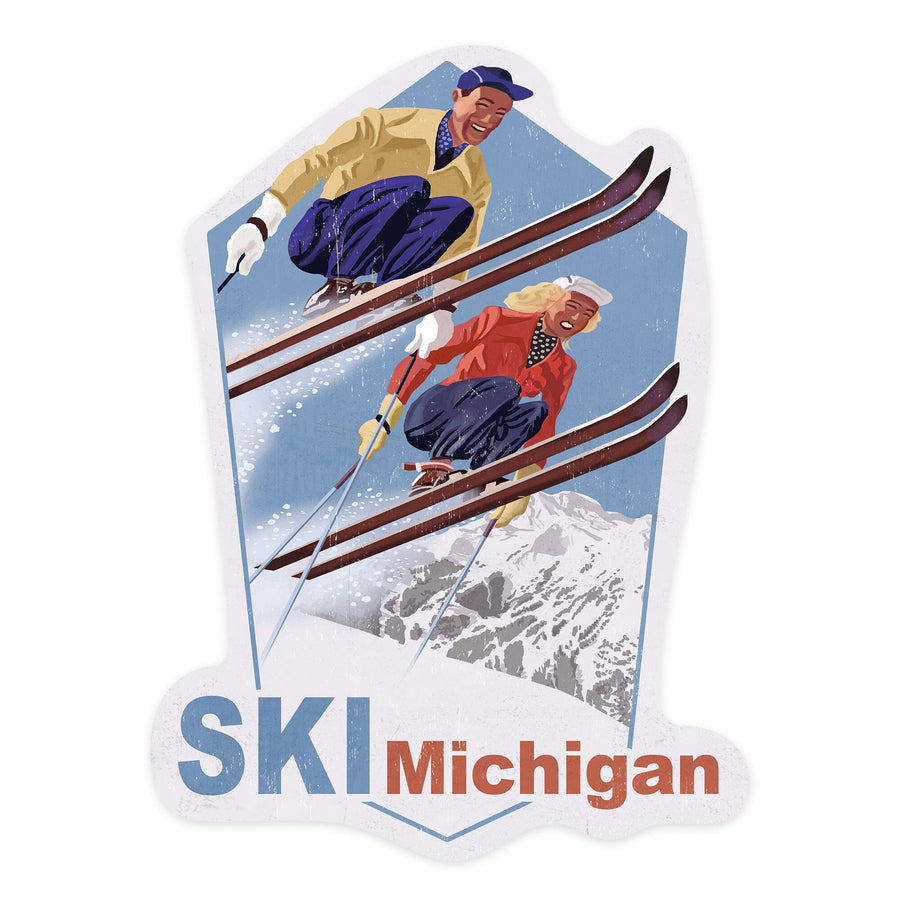 Michigan, Vintage Skiers, Contour, Artwork, Vinyl Sticker Sticker Lantern Press 