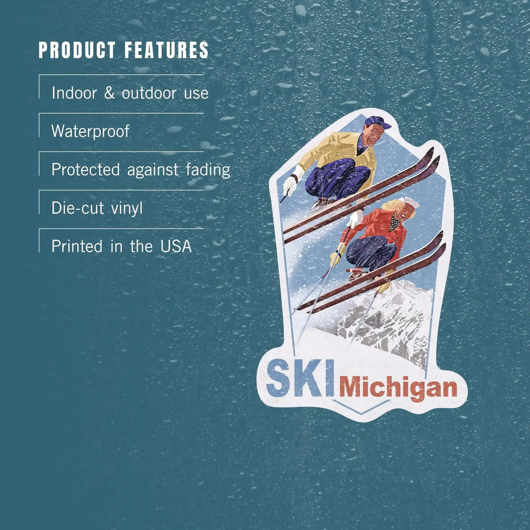 Michigan, Vintage Skiers, Contour, Artwork, Vinyl Sticker Sticker Lantern Press 