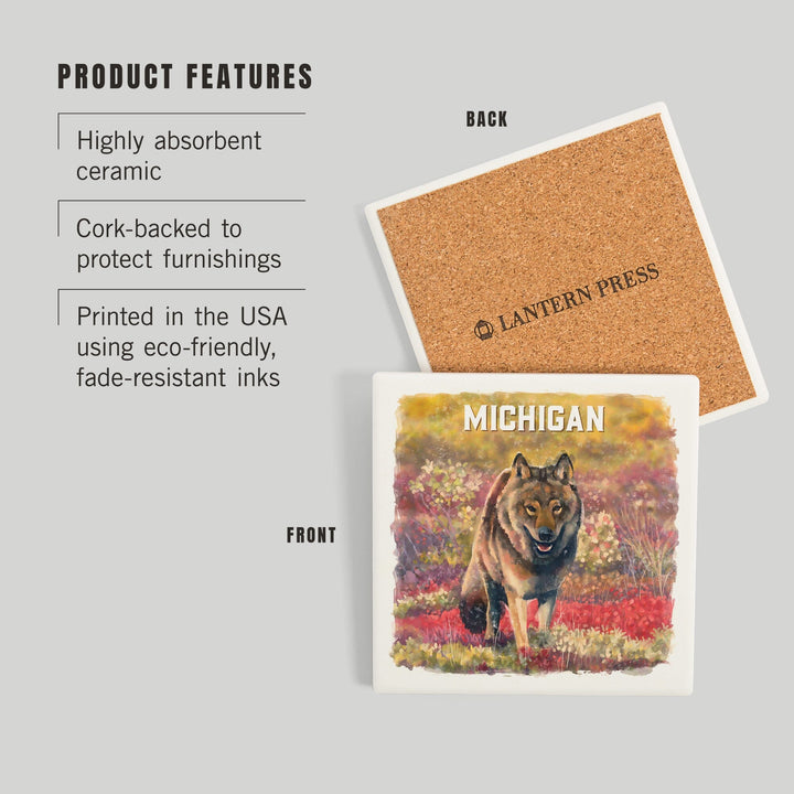 Michigan, Watercolor Study, Gray Wolf, Coasters Coasters Lantern Press 