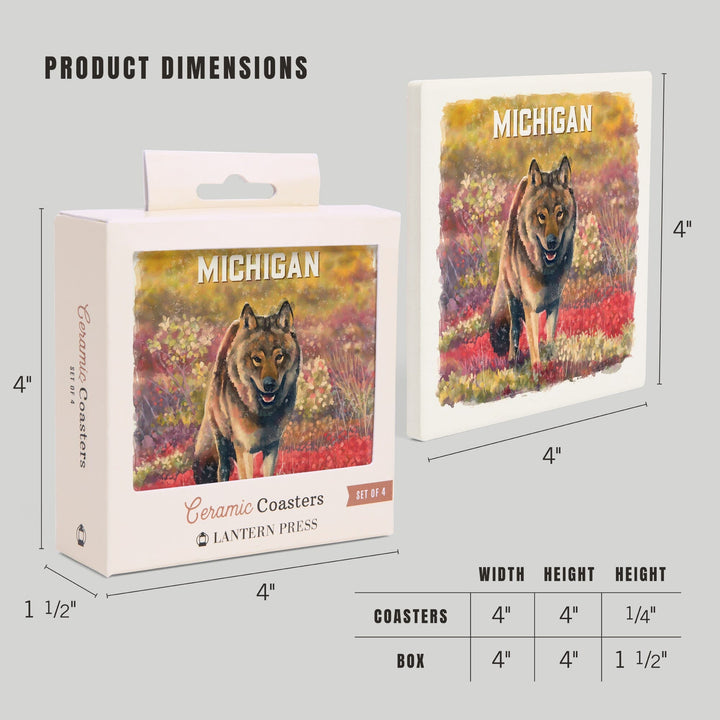 Michigan, Watercolor Study, Gray Wolf, Coasters Coasters Lantern Press 