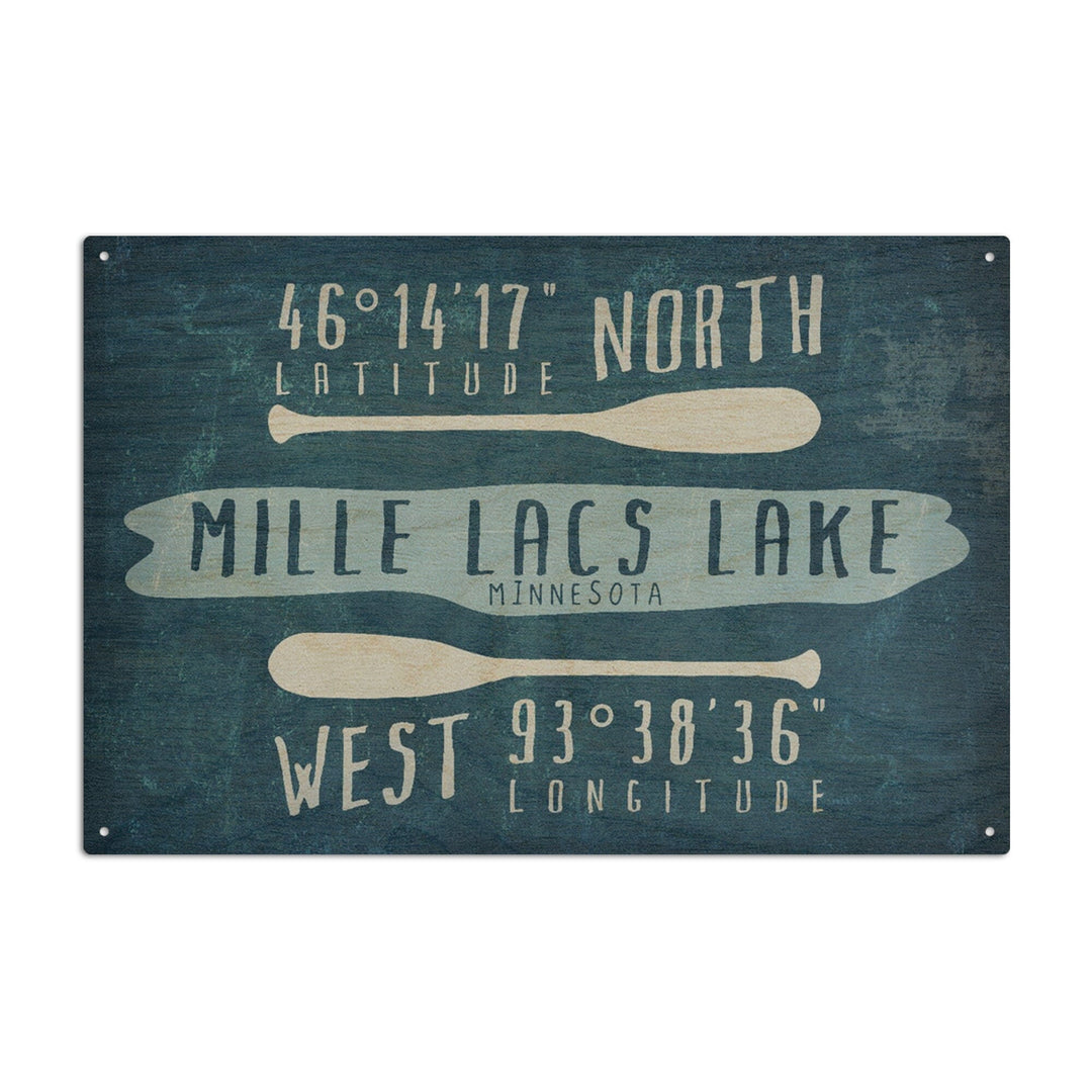 Mille Lacs Lake, Minnesota, Lake Essentials, Latitude & Longitude, Lantern Press Artwork, Wood Signs and Postcards Wood Lantern Press 10 x 15 Wood Sign 