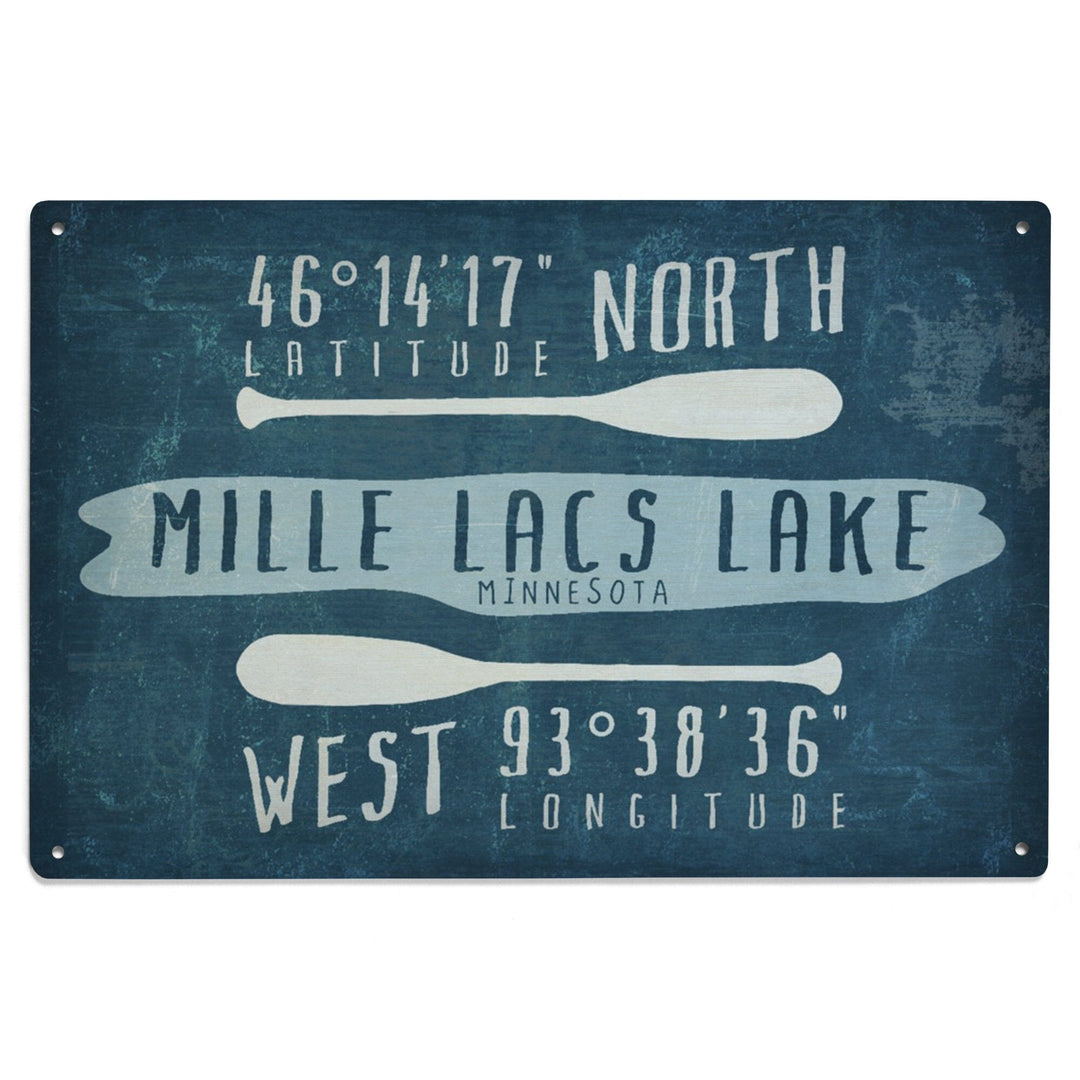 Mille Lacs Lake, Minnesota, Lake Essentials, Latitude & Longitude, Lantern Press Artwork, Wood Signs and Postcards Wood Lantern Press 