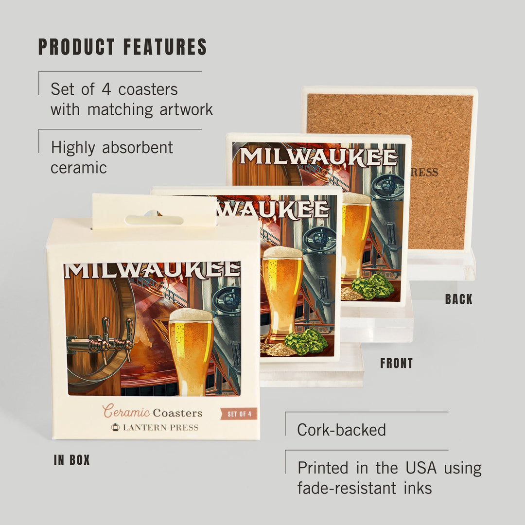 Milwaukee, Wisconsin, Art of the Beer, Lantern Press Artwork, Coaster Set - Lantern Press