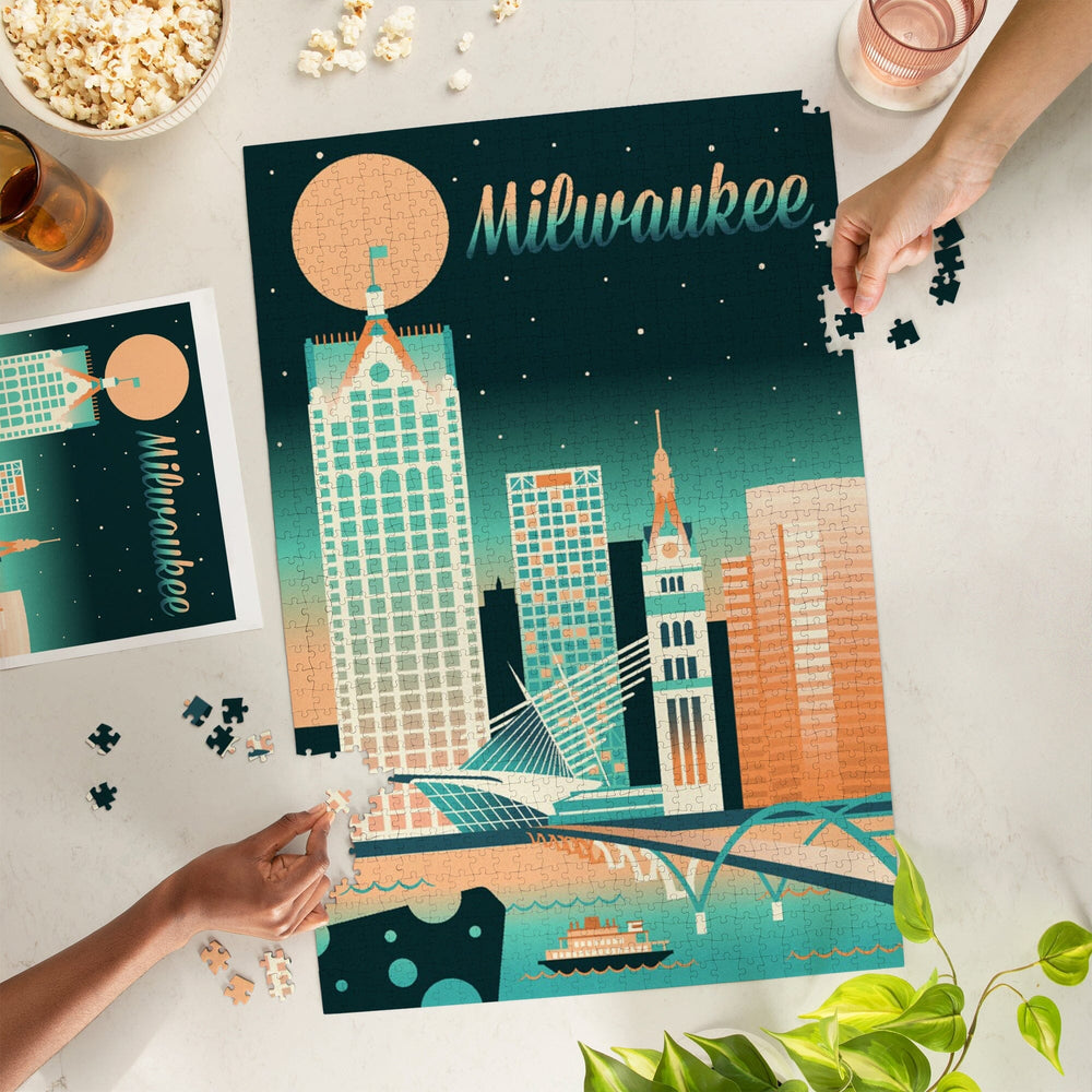 Milwaukee, Wisconsin, Retro Skyline Chromatic Series, Jigsaw Puzzle Puzzle Lantern Press 