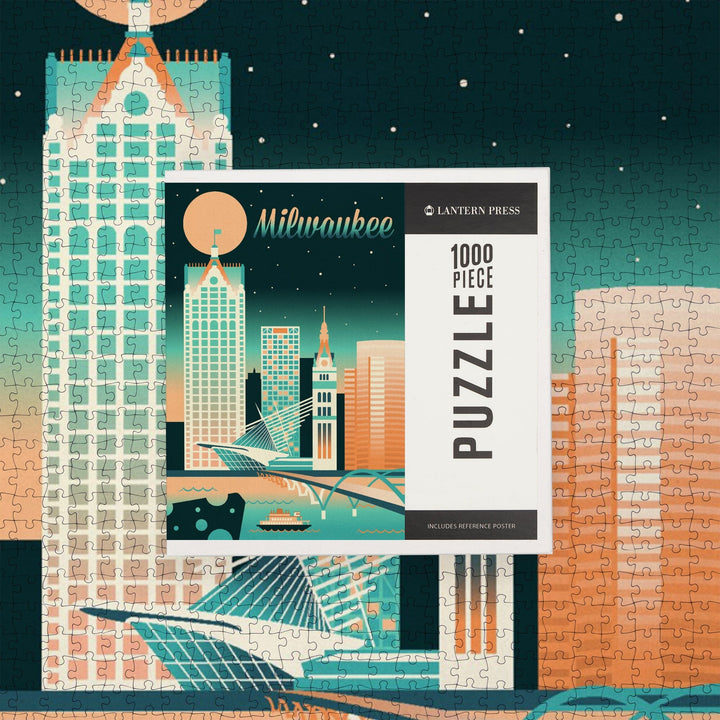 Milwaukee, Wisconsin, Retro Skyline Chromatic Series, Jigsaw Puzzle Puzzle Lantern Press 