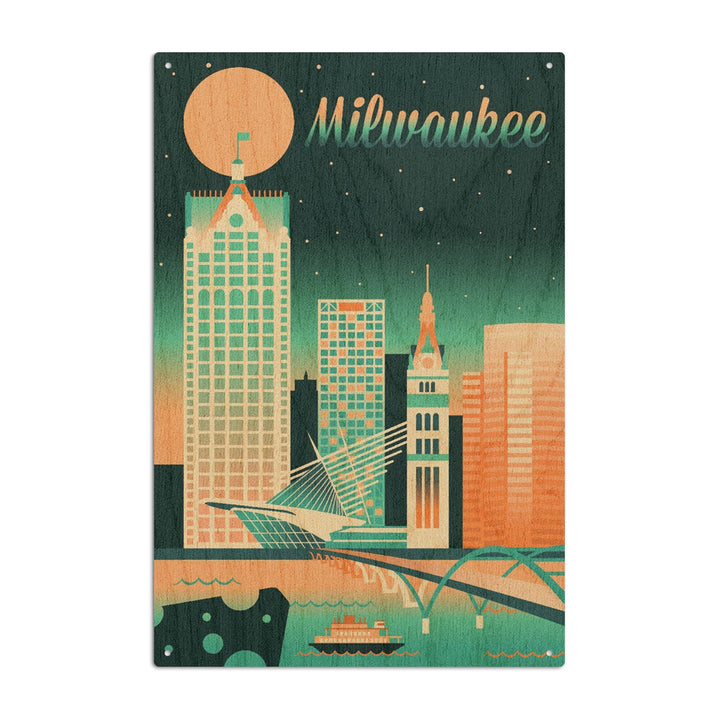 Milwaukee, Wisconsin, Retro Skyline Chromatic Series, Lantern Press Artwork, Wood Signs and Postcards Wood Lantern Press 10 x 15 Wood Sign 