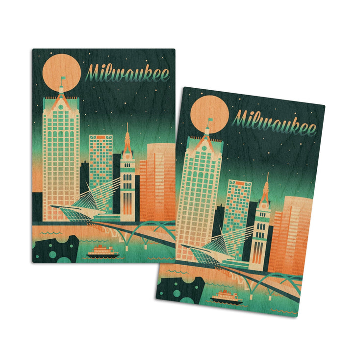 Milwaukee, Wisconsin, Retro Skyline Chromatic Series, Lantern Press Artwork, Wood Signs and Postcards Wood Lantern Press 4x6 Wood Postcard Set 