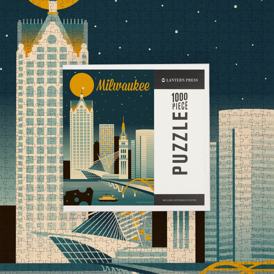Milwaukee, Wisconsin, Retro Skyline Classic Series, Jigsaw Puzzle Puzzle Lantern Press 