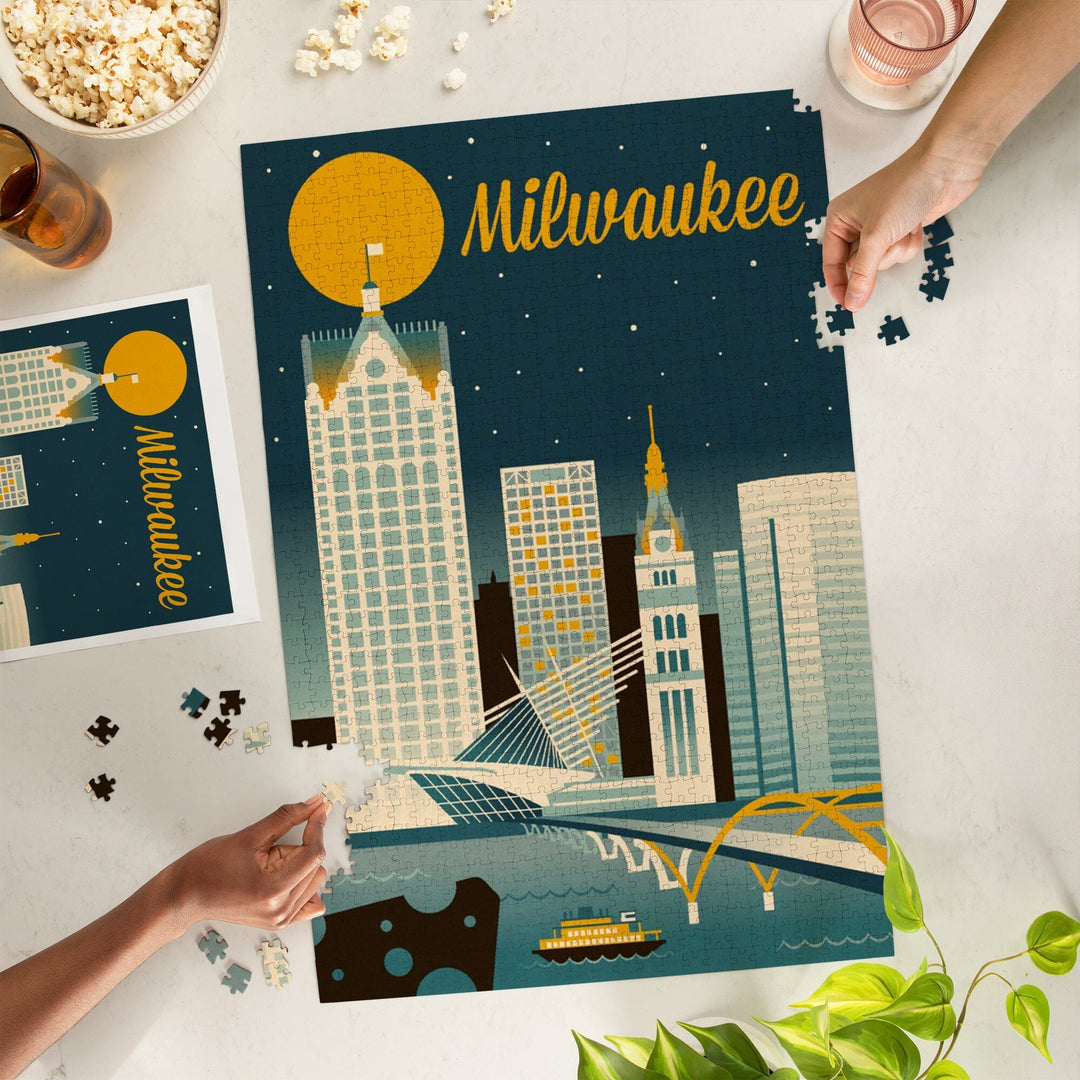 Milwaukee, Wisconsin, Retro Skyline Classic Series, Jigsaw Puzzle Puzzle Lantern Press 