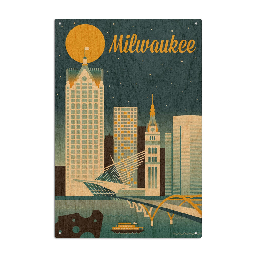 Milwaukee, Wisconsin, Retro Skyline Classic Series, Lantern Press Artwork, Wood Signs and Postcards Wood Lantern Press 10 x 15 Wood Sign 