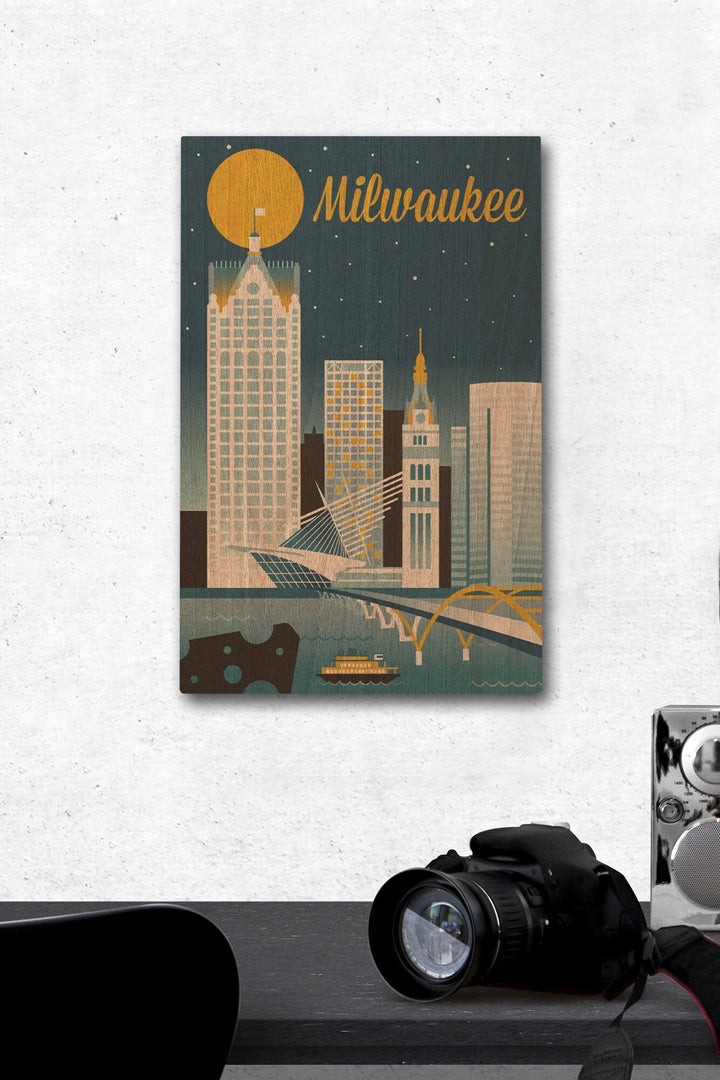 Milwaukee, Wisconsin, Retro Skyline Classic Series, Lantern Press Artwork, Wood Signs and Postcards Wood Lantern Press 12 x 18 Wood Gallery Print 