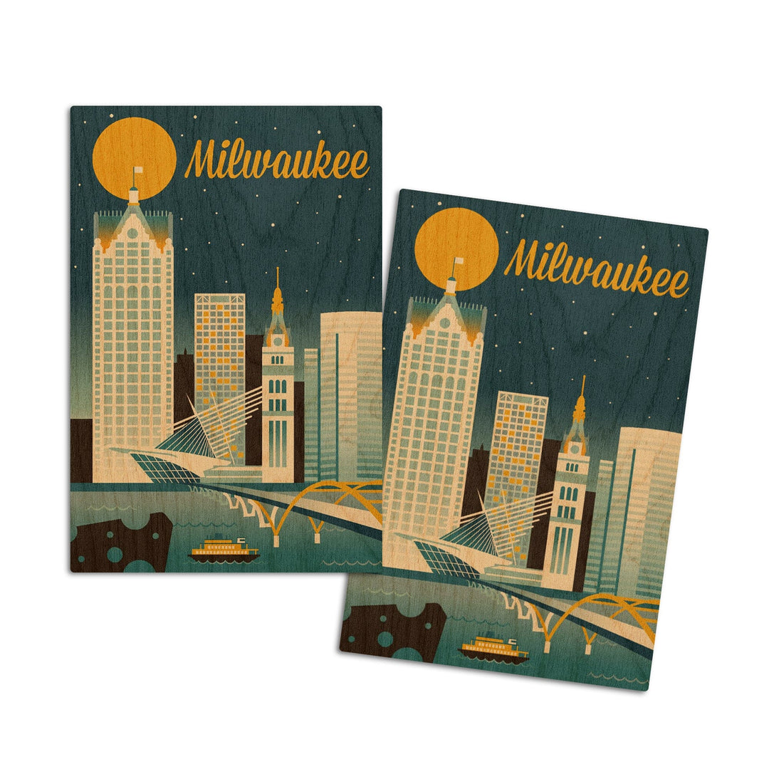 Milwaukee, Wisconsin, Retro Skyline Classic Series, Lantern Press Artwork, Wood Signs and Postcards Wood Lantern Press 4x6 Wood Postcard Set 