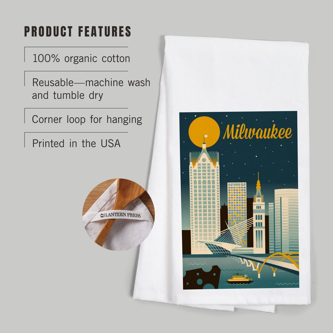 Milwaukee, Wisconsin, Retro Skyline Classic Series, Organic Cotton Kitchen Tea Towels Kitchen Lantern Press 