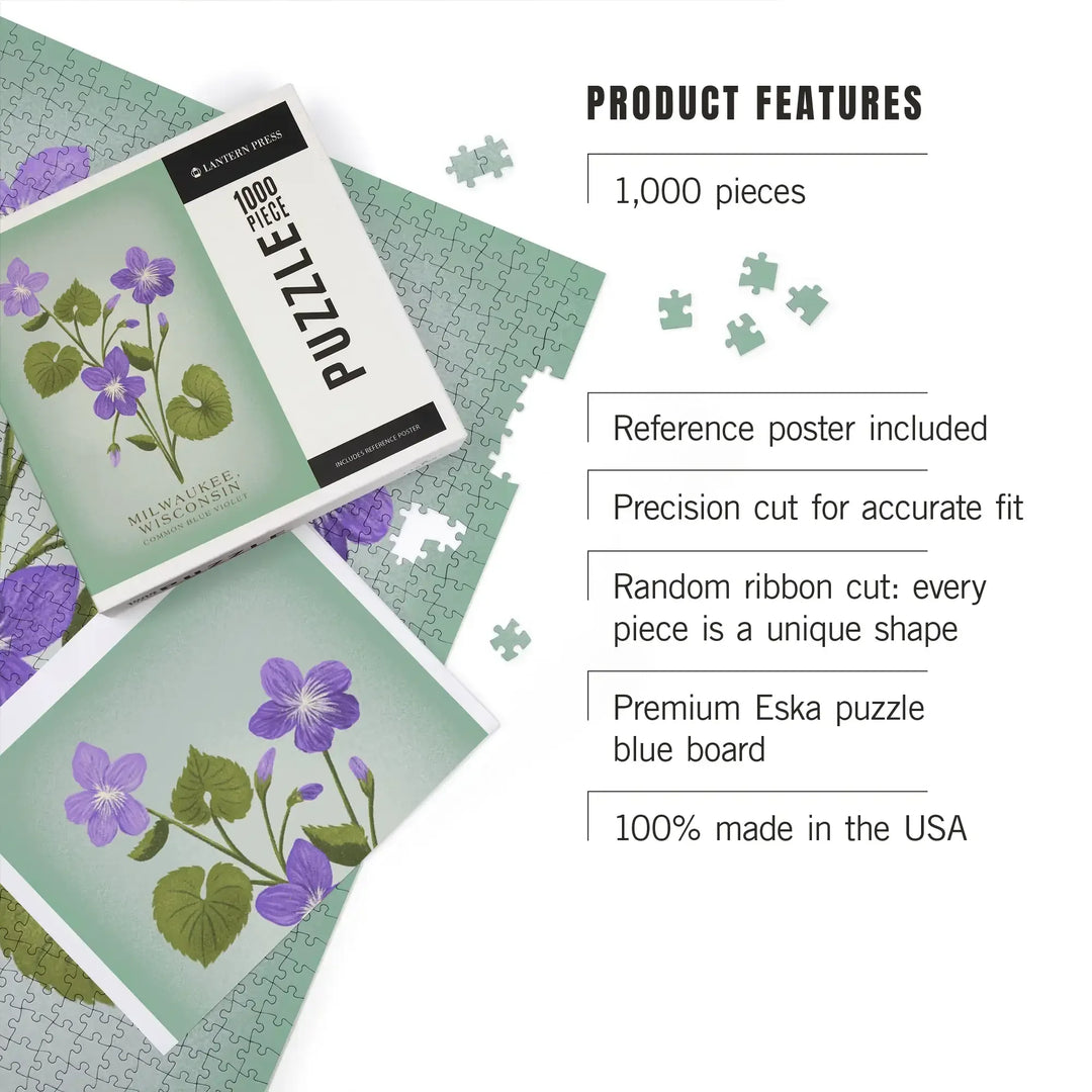 Milwaukee, Wisconsin, Vintage Flora, State Series, Common Blue Violet, Jigsaw Puzzle Puzzle Lantern Press 