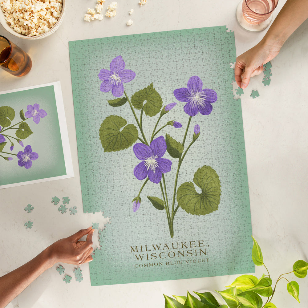 Milwaukee, Wisconsin, Vintage Flora, State Series, Common Blue Violet, Jigsaw Puzzle Puzzle Lantern Press 