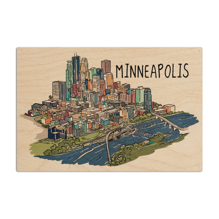 Minneapolis, Minnesota, Cityscape, Line Drawing, Lantern Press Artwork, Wood Signs and Postcards Wood Lantern Press 10 x 15 Wood Sign 