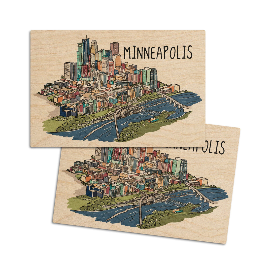 Minneapolis, Minnesota, Cityscape, Line Drawing, Lantern Press Artwork, Wood Signs and Postcards Wood Lantern Press 4x6 Wood Postcard Set 