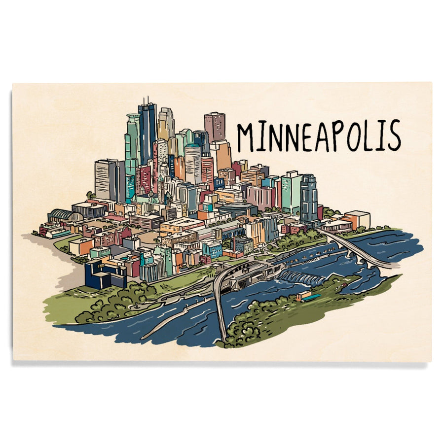 Minneapolis, Minnesota, Cityscape, Line Drawing, Lantern Press Artwork, Wood Signs and Postcards Wood Lantern Press 