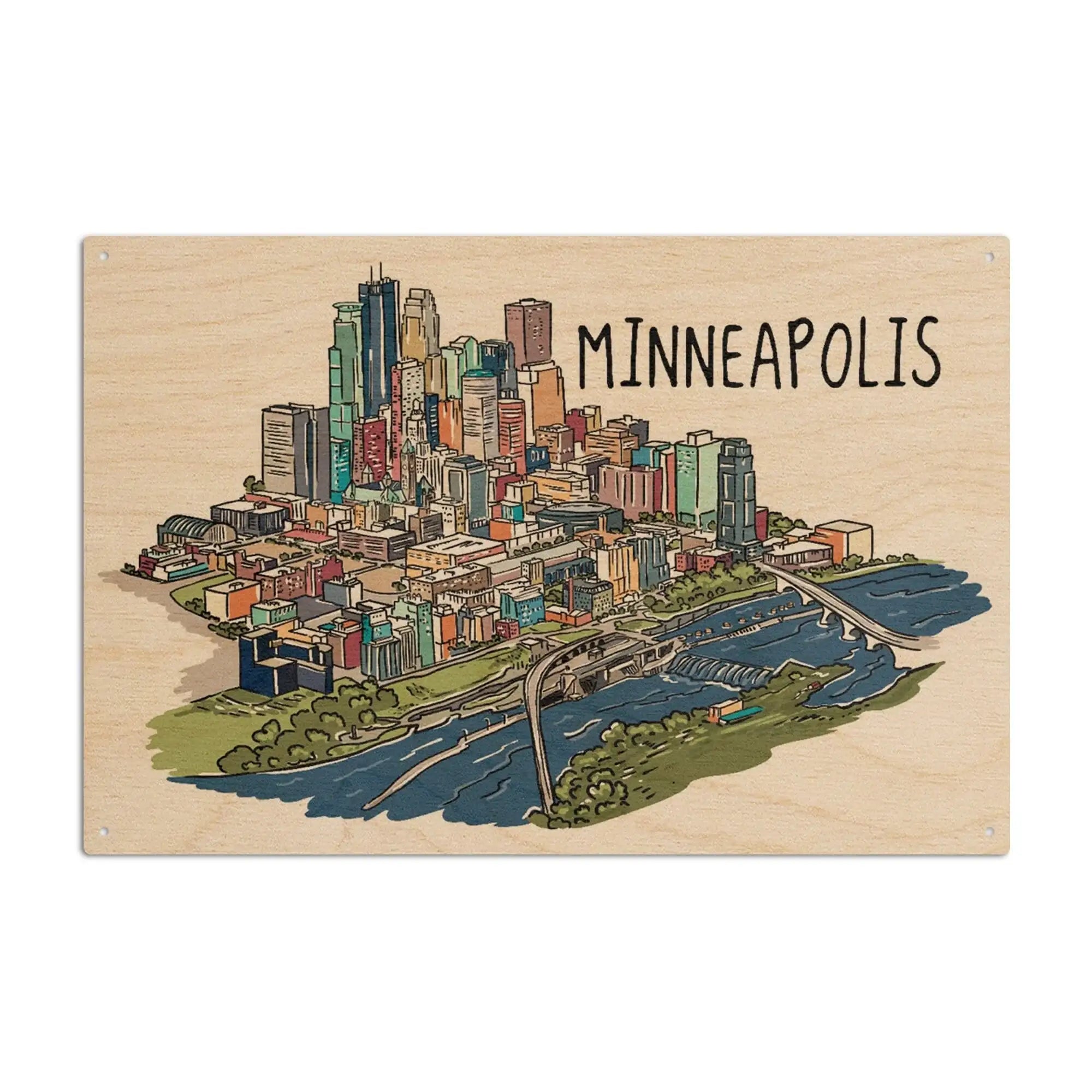 Minneapolis, Minnesota, Cityscape, Line Drawing, Lantern Press Artwork