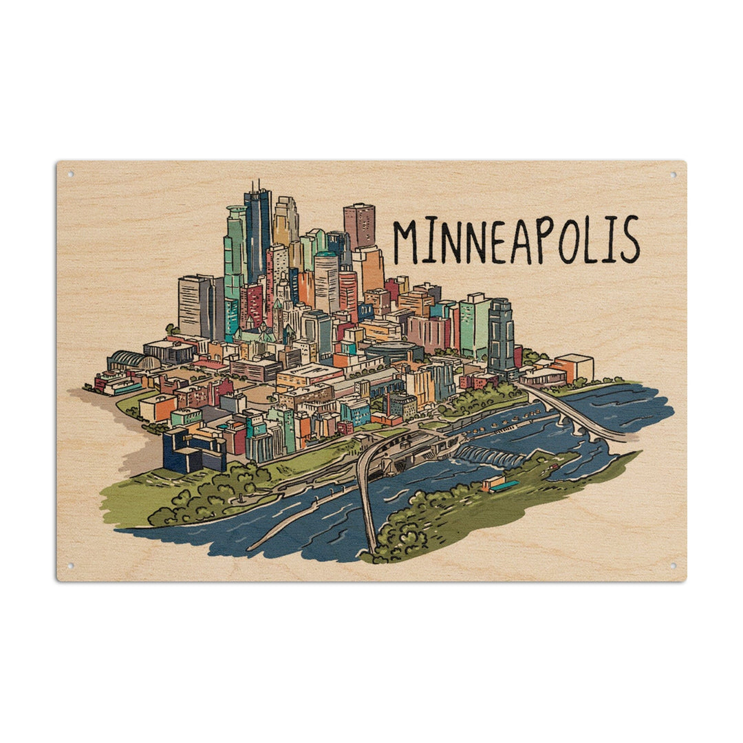 Minneapolis, Minnesota, Cityscape, Line Drawing, Lantern Press Artwork, Wood Signs and Postcards Wood Lantern Press 6x9 Wood Sign 