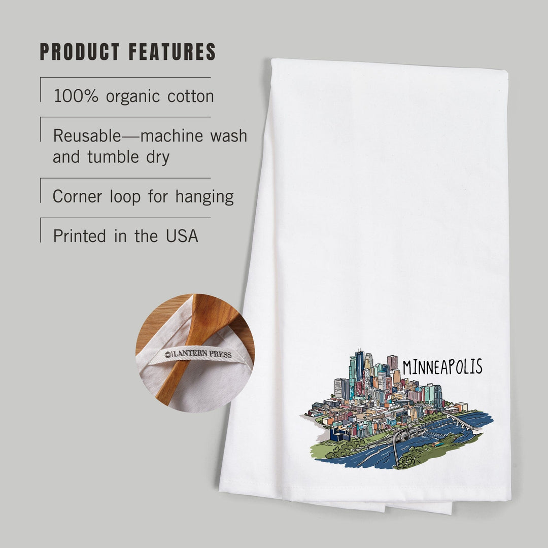 Minneapolis, Minnesota, Cityscape, Line Drawing, Organic Cotton Kitchen Tea Towels Kitchen Lantern Press 