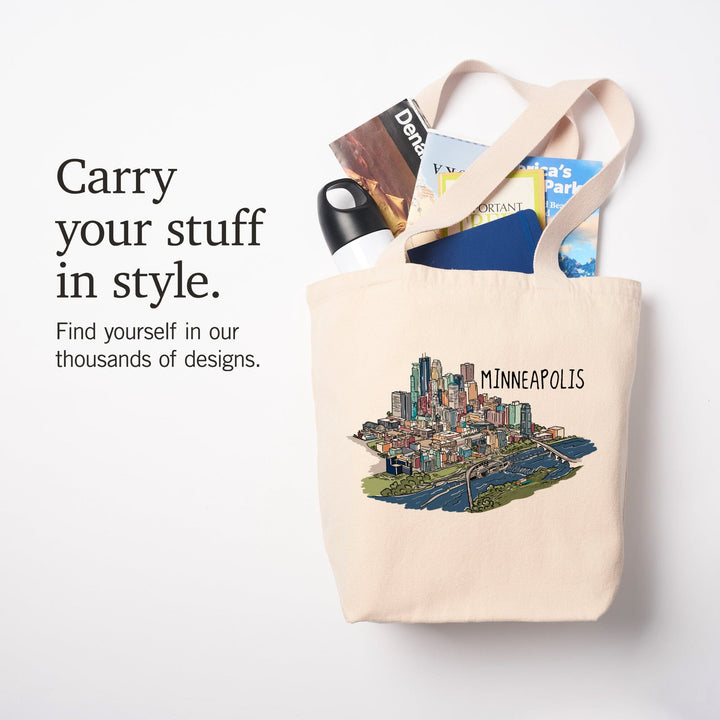 Minneapolis, Minnesota, Cityscape, Line Drawing, Tote Bag Totes Lantern Press 