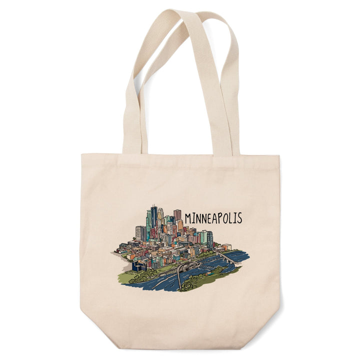 Minneapolis, Minnesota, Cityscape, Line Drawing, Tote Bag Totes Lantern Press 