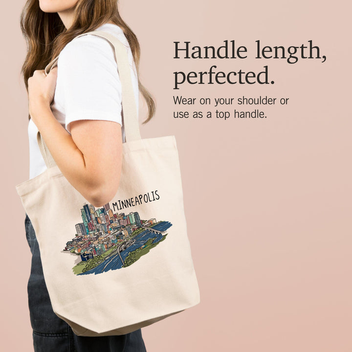 Minneapolis, Minnesota, Cityscape, Line Drawing, Tote Bag Totes Lantern Press 