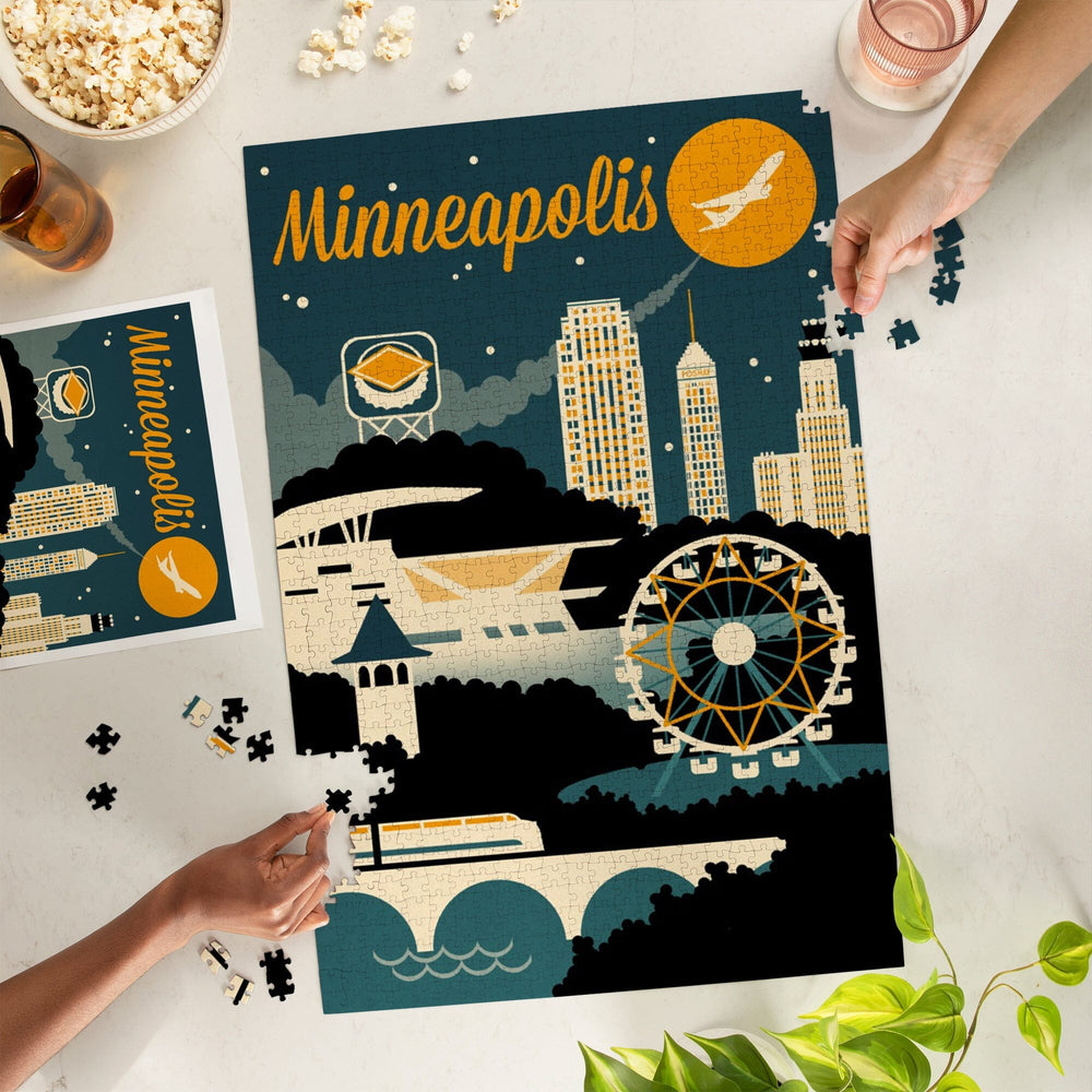 Minneapolis, Minnesota, Retro Skyline, Jigsaw Puzzle Puzzle Lantern Press 