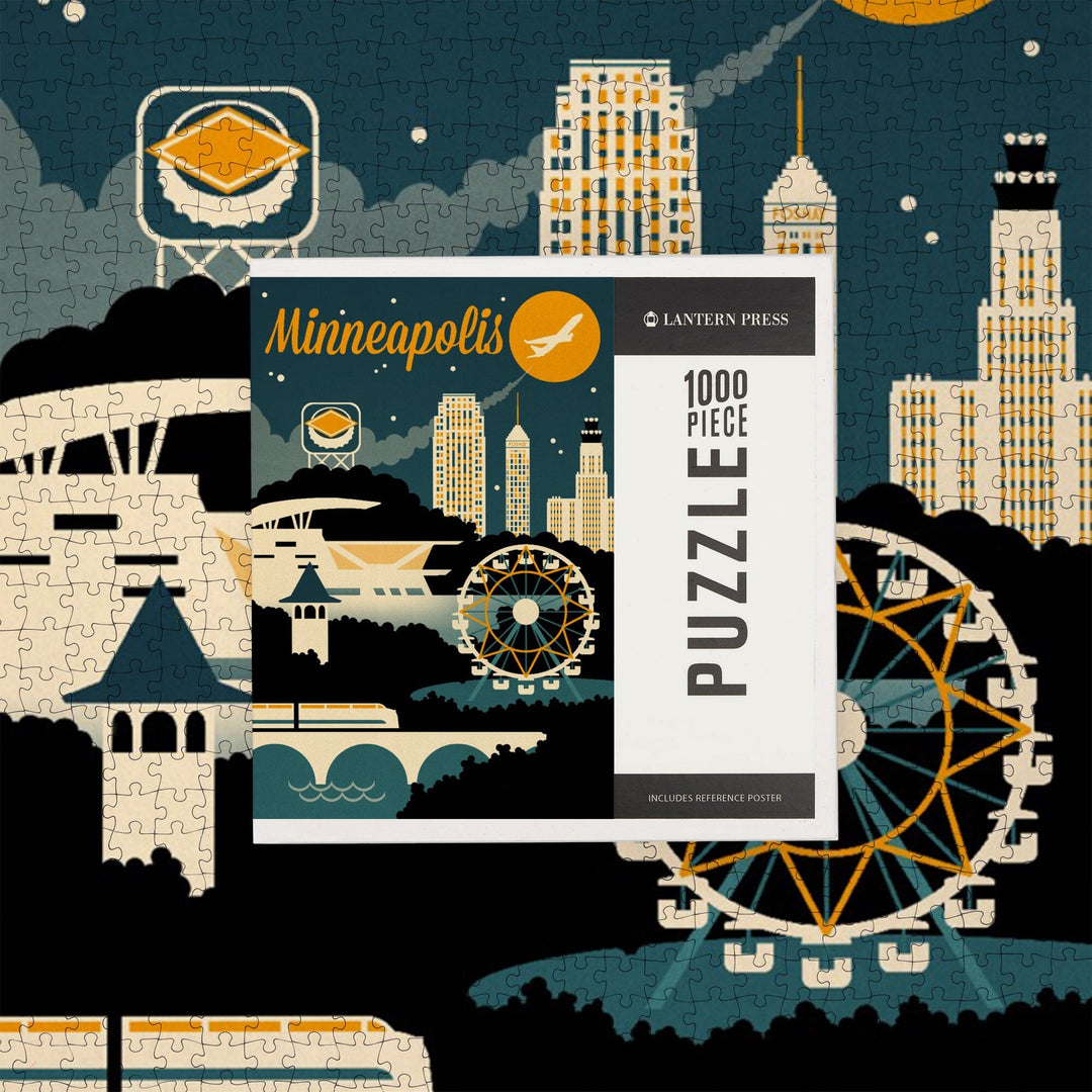 Minneapolis, Minnesota, Retro Skyline, Jigsaw Puzzle Puzzle Lantern Press 