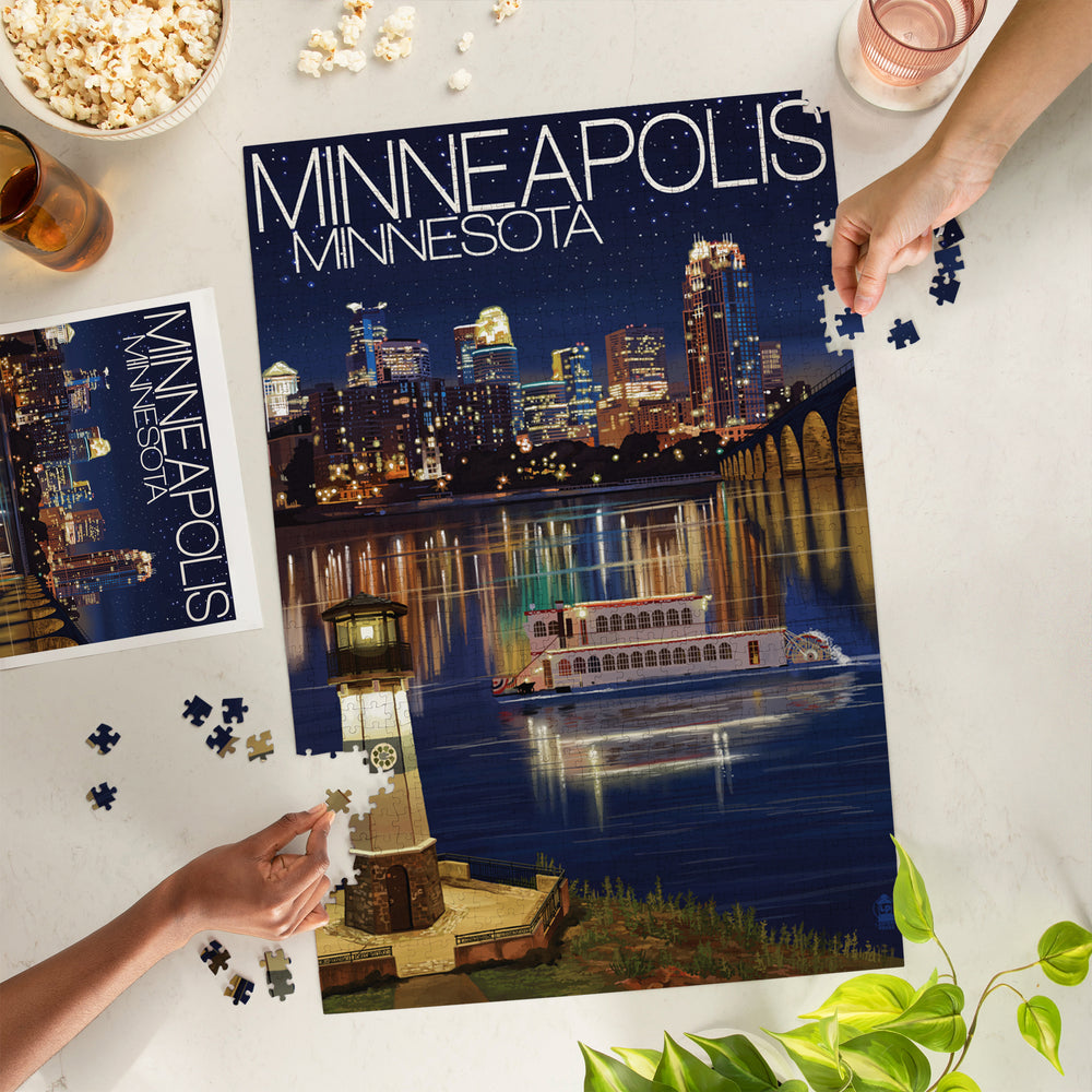 Minneapolis, Minnesota, Skyline at Night, Jigsaw Puzzle Puzzle Lantern Press 